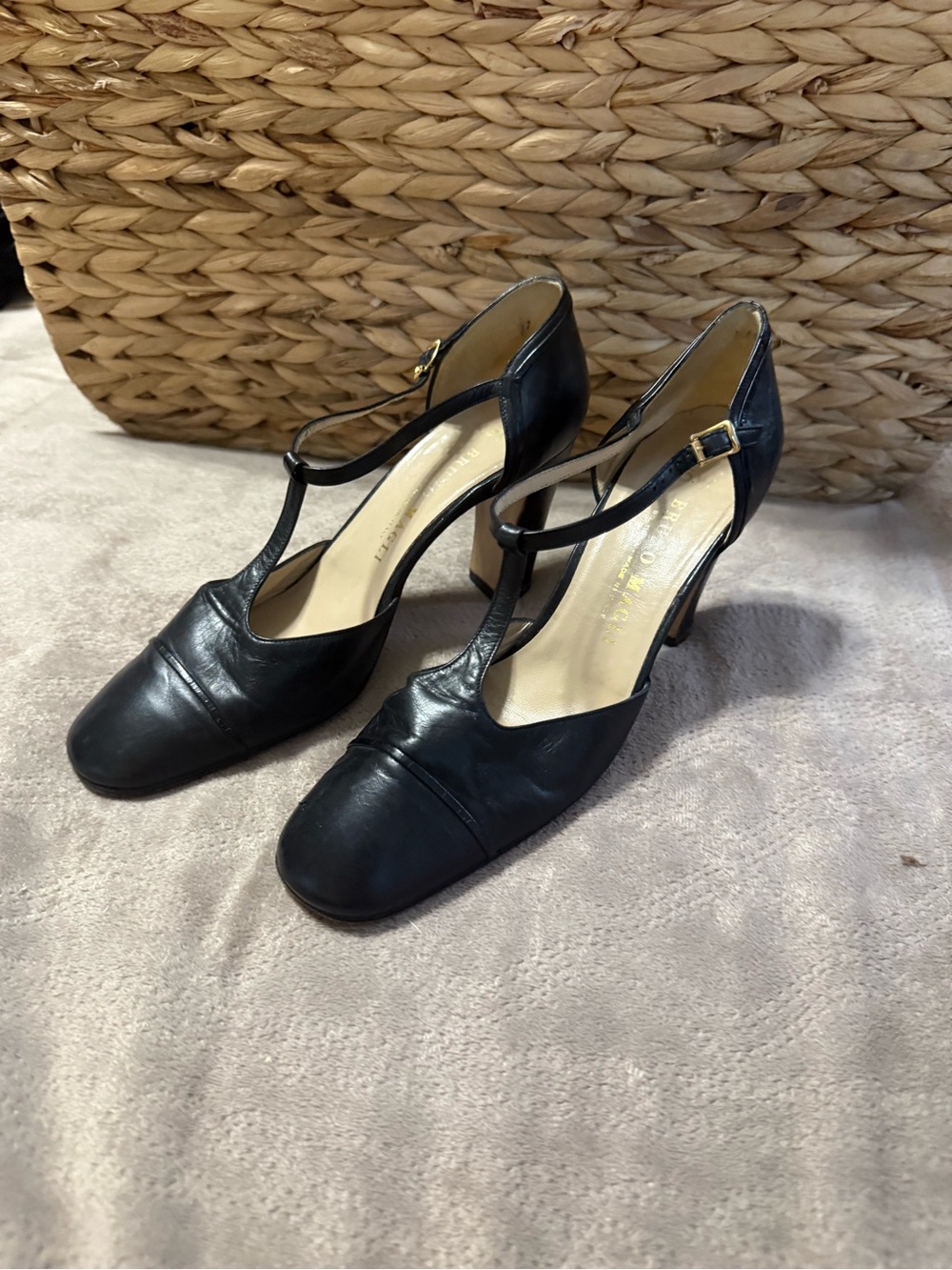 Bruno Magli Black T-Strap Leather Heels